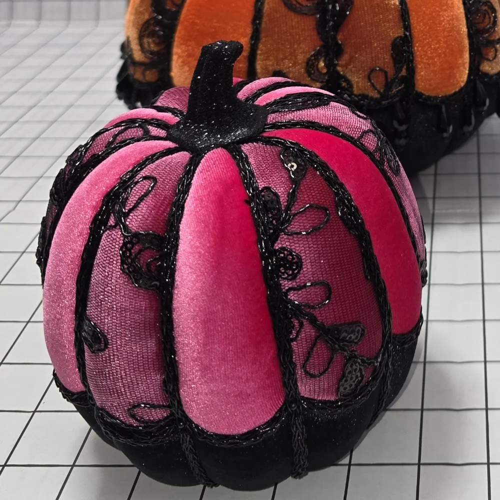 Glam Velvet Pumpkin, Hot Pink w/Black Velvet‎ Pumpkins, Black Lace, Cording